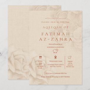 Luxury Beige Floral Islamic Aqeeqah Baby Girl Invitation