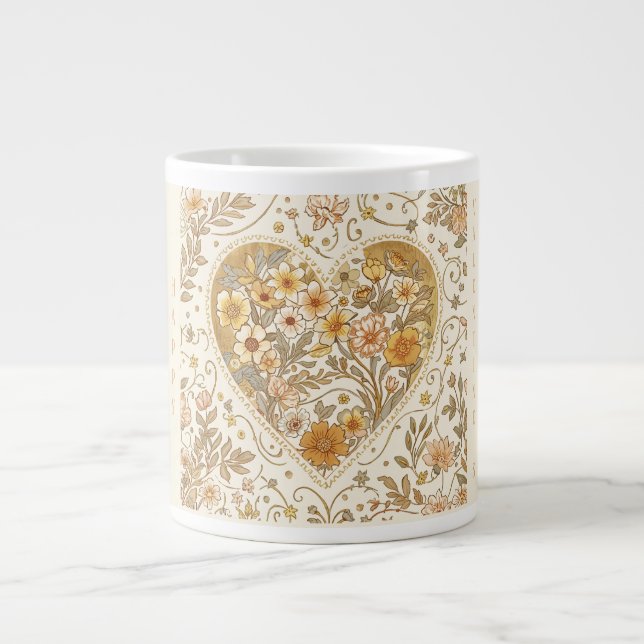 Luxury, , Beigi Gold Yellow ,Love Heart Flowers Large Coffee Mug (Front)