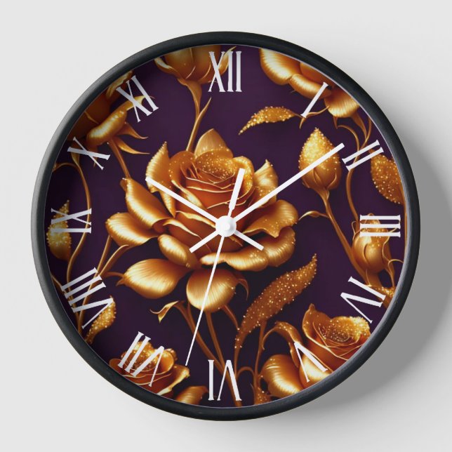 Luxury Big Gold Rose Modern Collection Clock (Front)
