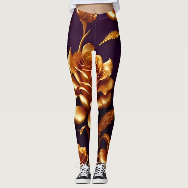 Luxury Big Gold Rose Modern Collection Leggings (Front)