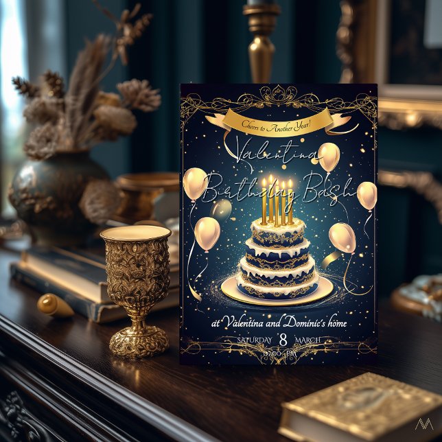 Luxury Birthday Cake | Elegant Gold & Navy Invitation (Creator Uploaded)
