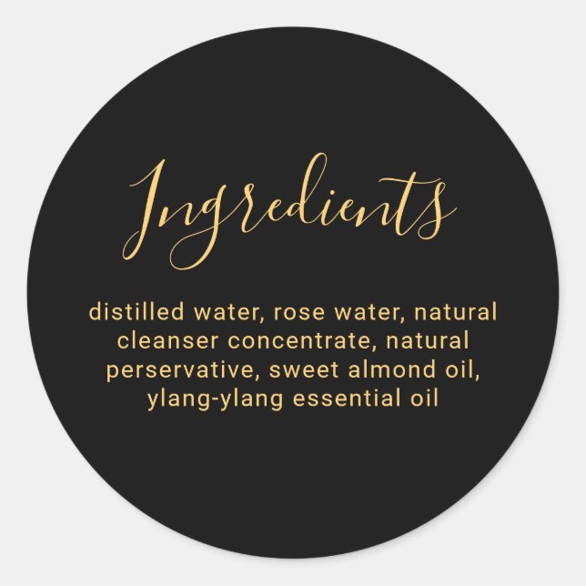 Luxury Black And Gold Beauty Ingredient List Classic Round Sticker (Front)