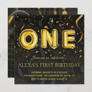 Luxury Black and Gold confetti Photo Birthday Invitation