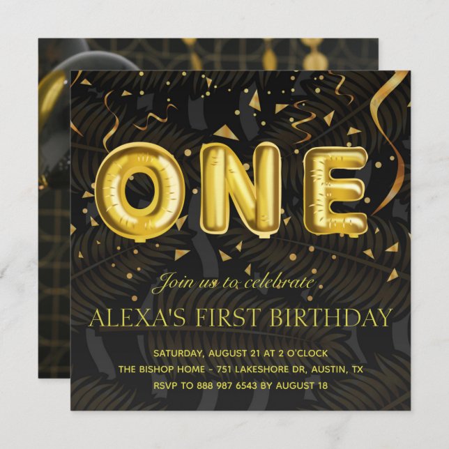 Luxury Black and Gold confetti Photo Birthday Invitation (Front/Back)