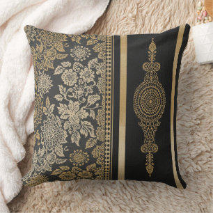 Luxury Black and Gold Damask Floral Mandala Cushion