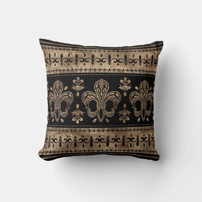 Luxury black and gold Fleur-de-lis ornament Cushion (Front)