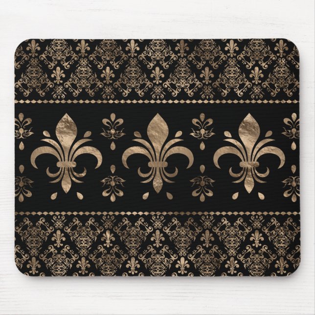 Luxury black and gold Fleur-de-lis ornament Mouse Mat (Front)