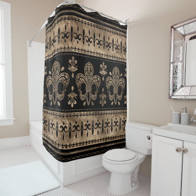 Luxury black and gold Fleur-de-lis ornament Shower Curtain (In Situ)