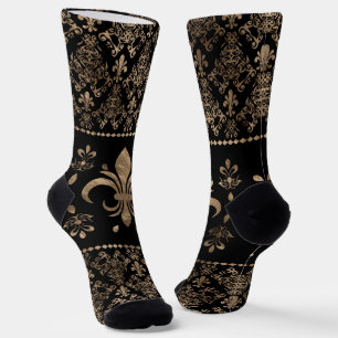 Luxury black and gold Fleur-de-lis ornament  Socks
