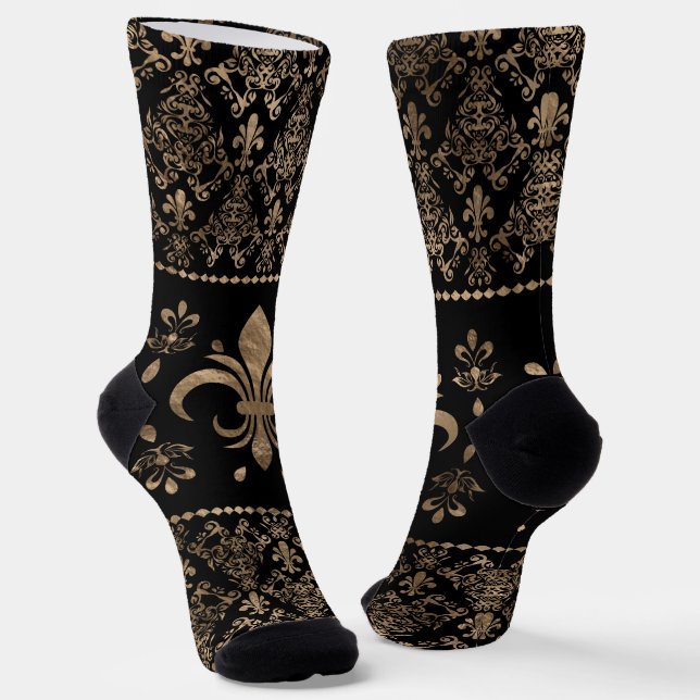 Luxury black and gold Fleur-de-lis ornament  Socks (Angled)
