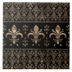 Luxury black and gold Fleur-de-lis ornament Tile