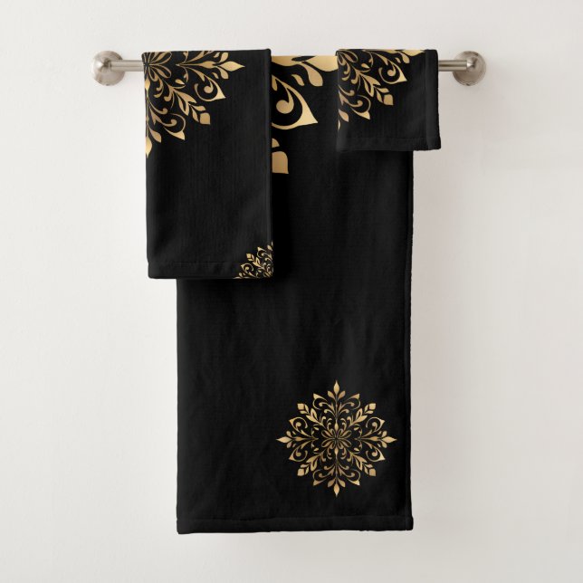 Luxury Black and Gold Floral Ornament Bath Towel Set (Insitu)