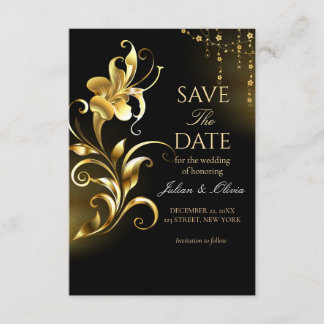 Luxury Black and Gold Floral Save the Date Card