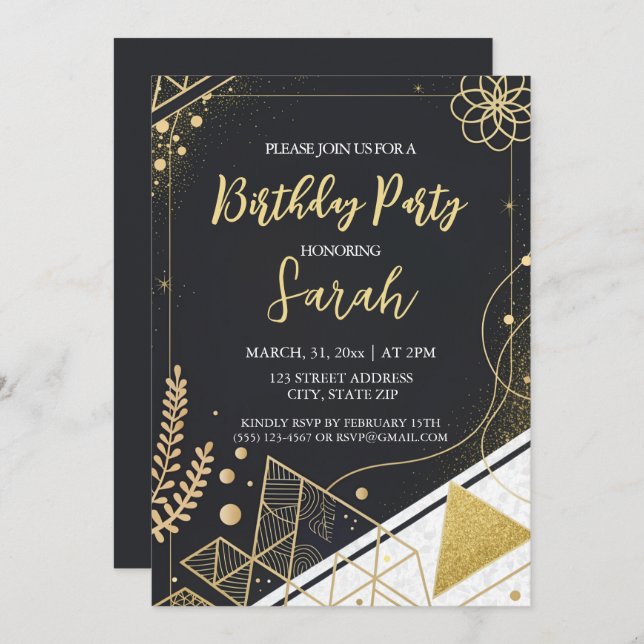 luxury black and gold glitter modern birthday  invitation (Front/Back)