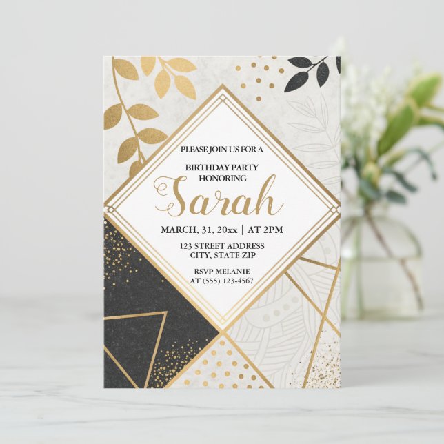 luxury black and gold glitter modern birthday  invitation (Standing Front)