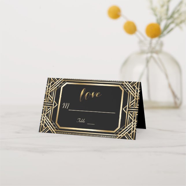 Luxury Black and Gold Great Gatsby Wedding Place Card (Front)