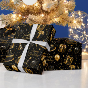 Luxury Black and Gold Happy Birthday Wrapping Paper