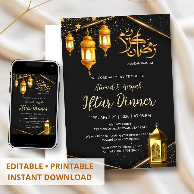 Luxury Black and Gold Lantern Iftar Dinner Invitation (Creator Uploaded)