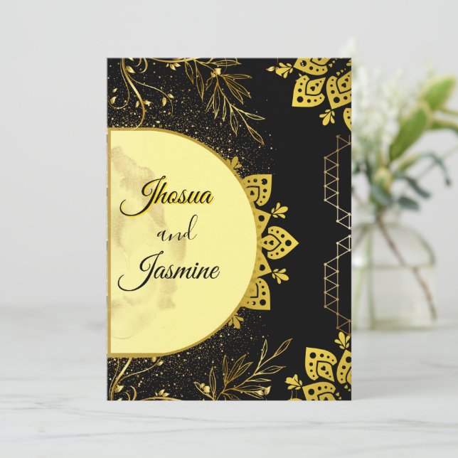 Luxury Black and Gold Mandala Wedding Invitation (Standing Front)