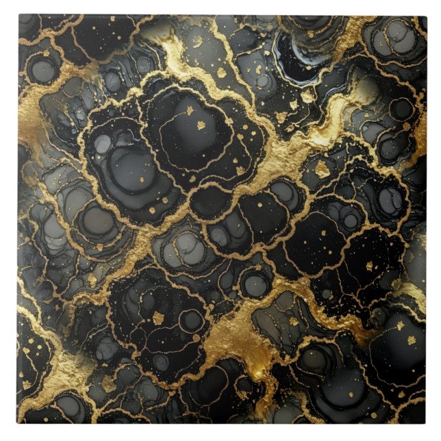 Luxury Black and Gold Marble Alcohol Ink Tile (Front)