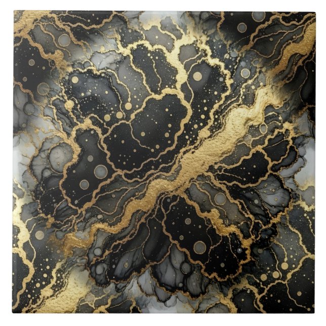 Luxury Black and Gold Marble Alcohol Ink Tile (Front)
