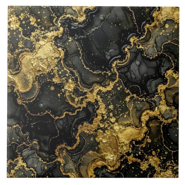 Luxury Black and Gold Marble Alcohol Ink Tile (Front)