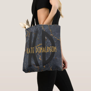 Luxury black and gold marble oversized monogram tote bag