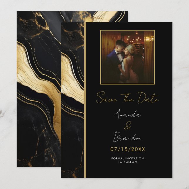 Luxury Black and Gold Marble Photo Wedding Save The Date (Front/Back)