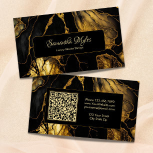 Luxury Black and Gold Marble QR Code Scannable Business Card