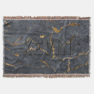 Luxury black and gold marble texture Monogram Throw Blanket
