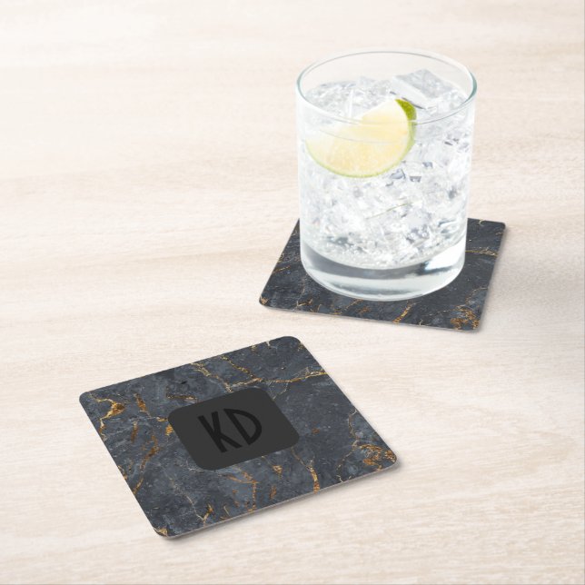 Luxury black and gold marble texture square paper coaster (Insitu)