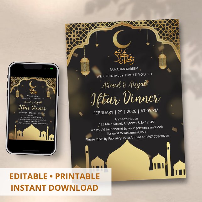 Luxury Black and Gold Mosque Iftar Dinner Invitation (Creator Uploaded)