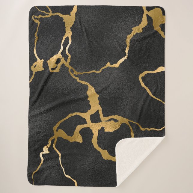 Luxury black and gold pattern glam design sherpa blanket (Front)