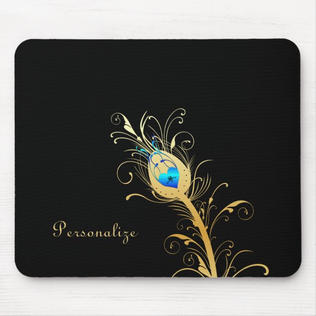 Luxury Black and Gold Peacock Feather Mouse Mat (Front)