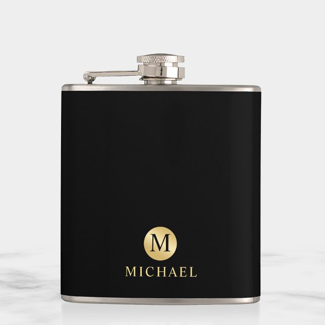Luxury Black and Gold Personalised Monogram Hip Flask (Creator Uploaded)