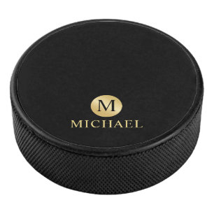 Luxury Black and Gold Personalised Monogram Hockey Puck