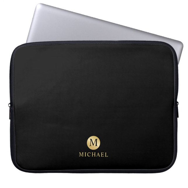 Luxury Black and Gold Personalised Monogram Laptop Sleeve (Front)
