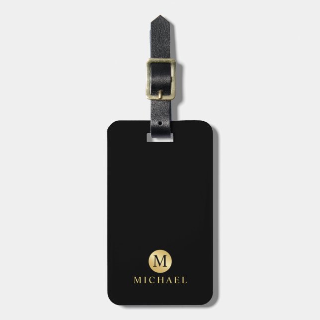 Luxury Black and Gold Personalised Monogram Luggage Tag (Front Vertical)