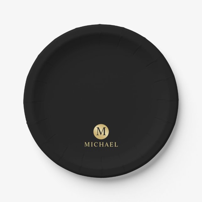 Luxury Black and Gold Personalised Monogram Paper Plate (Front)