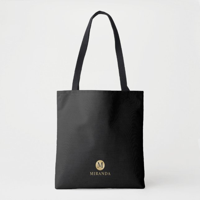 Luxury Black and Gold Personalised Monogram Tote Bag (Front)