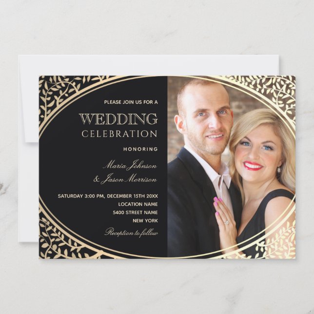 Luxury Black and Gold Photo Wedding Invitation (Front)