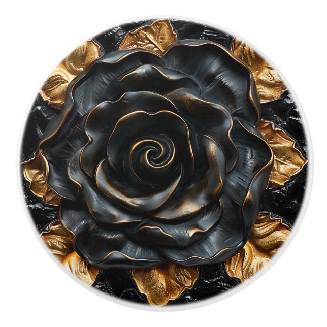 Luxury Black and Gold Rose Ceramic Knob (Front)