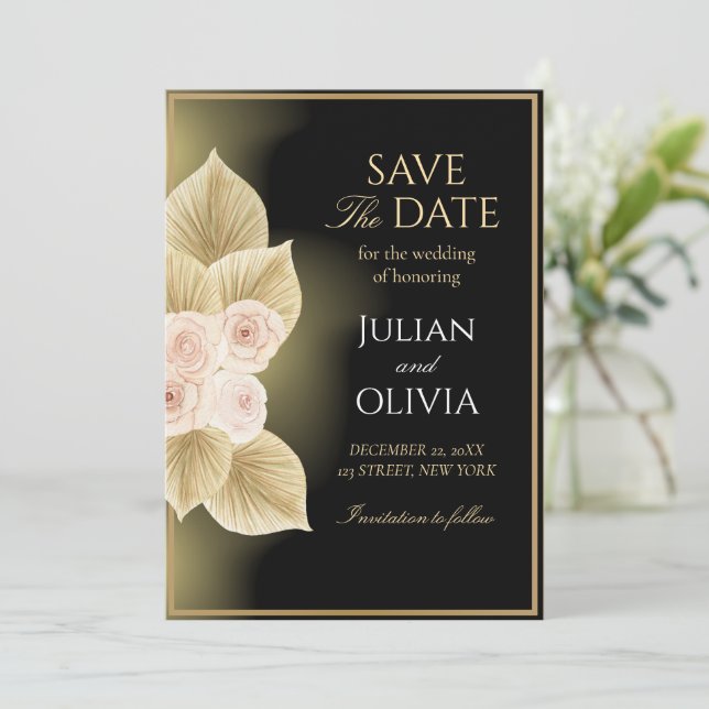Luxury Black and Gold Save the Date Card (Standing Front)