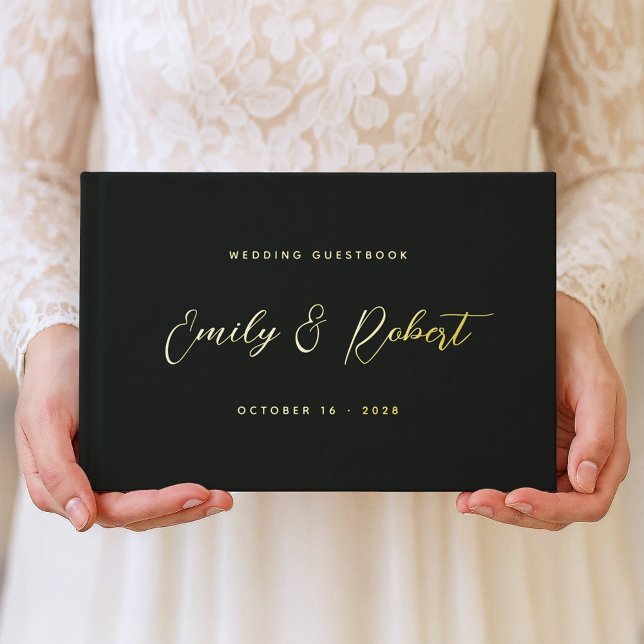 Luxury Black and Gold Script Photo Wedding Guest Book (Creator Uploaded)