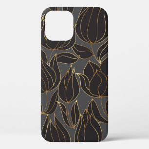 Luxury black and gold tulip floral seamless patter iPhone 12 case