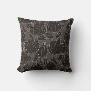 Luxury black and gold tulip floral seamless patter cushion