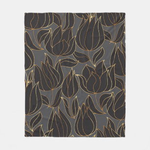 Luxury black and gold tulip floral seamless patter fleece blanket