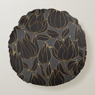 Luxury black and gold tulip floral seamless patter round cushion