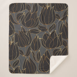 Luxury black and gold tulip floral seamless patter sherpa blanket
