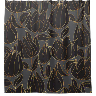 Luxury black and gold tulip floral seamless patter shower curtain